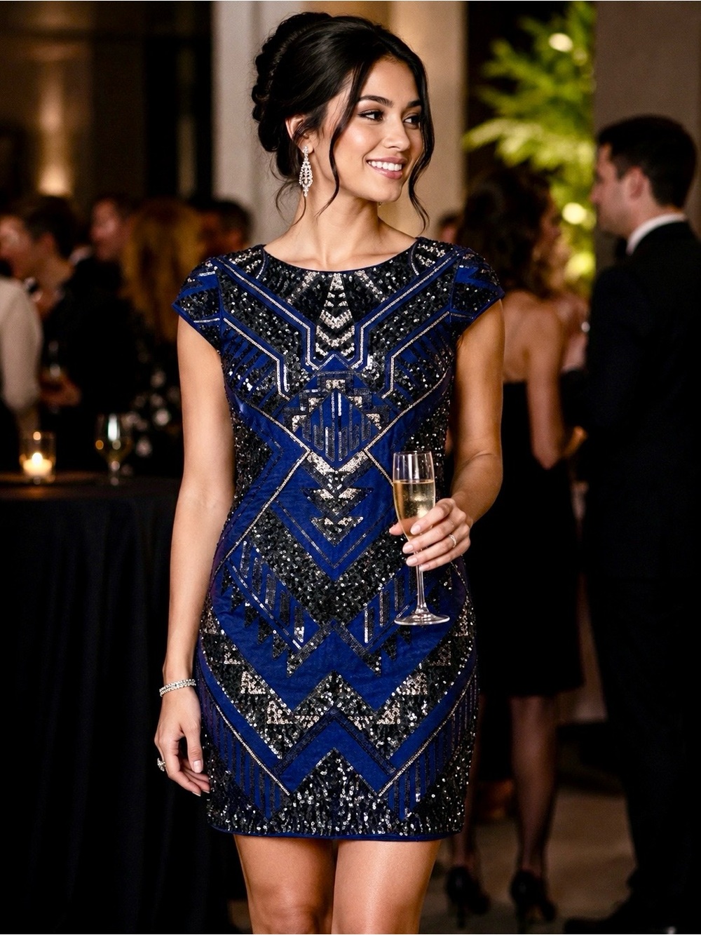 Express Navy & Black Sequined Cap-Sleeve Mini Dress